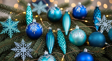 Blue Teal Christmas Ornaments Adorn a Pine Branch for Elegant Festive Decor 39341967 1