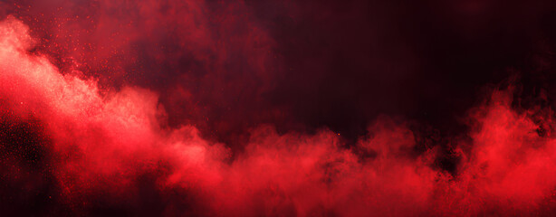 Dramatic Red Smoke Plumes Bursting Against Dark Background with Scattered Glowing Particles