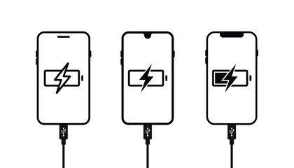Set of charging phone vector icons. Smartphone connection to charge battery. The smartphone is being charged. Usb cable and mobile phone.