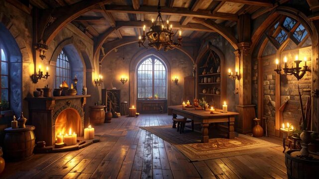 Illuminated interior with wooden beams, stone walls, arched windows, burning fireplace, and candles creating a warm, cozy atmosphere.