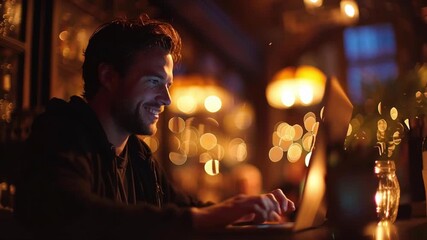 Remote work impact creative professional typing laptop in cozy cafe with warm bokeh light evening ambiance and focused concentration