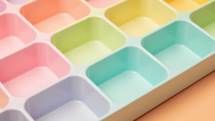 Colorful storage organizer with pastel compartments, ideal for organizing small items and enhancing workspace aesthetics