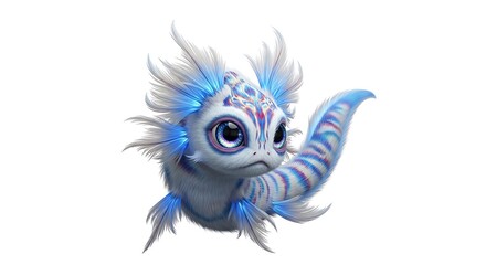 Adorable fantasy creature with glowing blue fins and stripes on a white background a cute mythical beast
