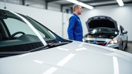 Technician inspects vehicle modern garage, showcasing clean and organized workspace. focus is car exterior and technician attention to detail