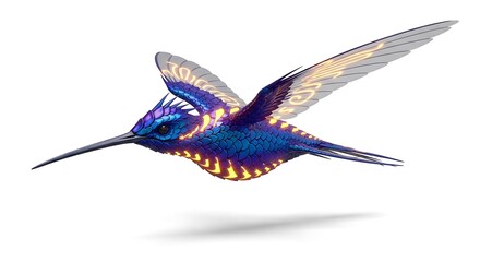 Fototapeta premium Iridescent blue hummingbird in mid flight with detailed wings and body against a white background
