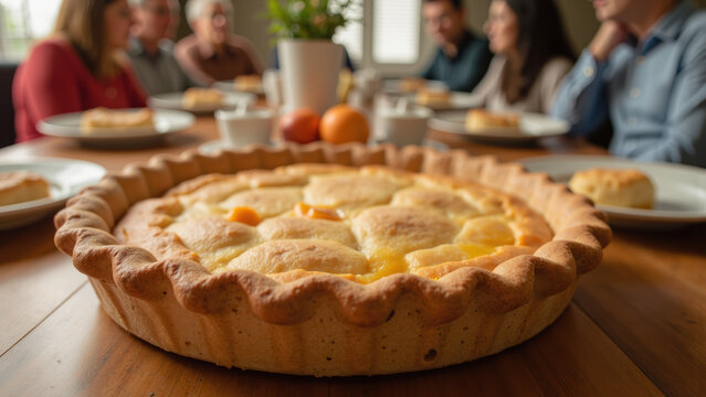 Delicious pie on wooden table surrounded by people enjoying meal together, creating warm and inviting atmosphere