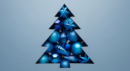 Blue vertical Christmas tree cutout reveals shiny ornaments in shades of blue against a simple blue 53910495 1