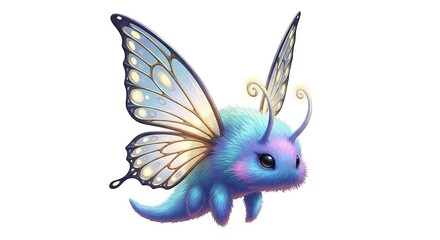 Whimsical blue fairy creature with iridescent butterfly wings and delicate antennae a magical fantasy character with glowing accents