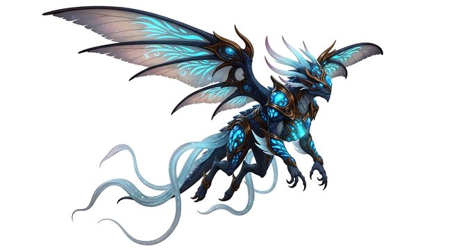 Mystical bioluminescent dragon creature with iridescent wings and flowing ethereal tail appendages in flight against a white background