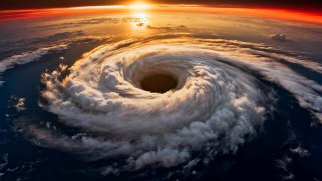 A dramatic aerial view of a powerful hurricane forming over the ocean, showcasing a swirling cloud pattern and a dark eye. The vibrant sunrise adds red and orange hues to the sky.