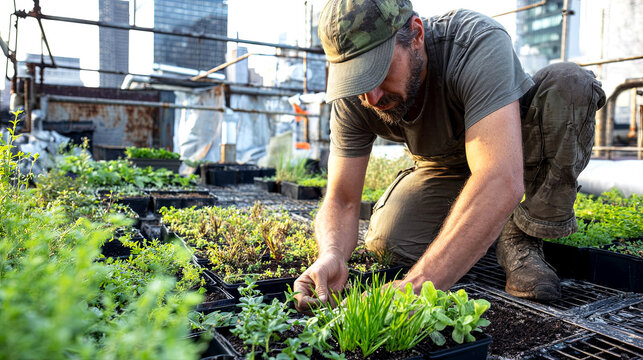Male gardener in camouflage cap tending to fresh herbs and vegetables in rooftop garden, surrounded by city skyline, showcasing urban gardening and sustainable practices