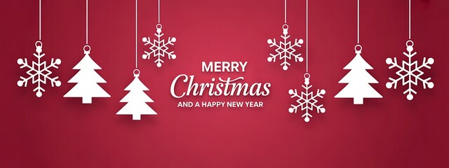 Merry christmas and happy new year greeting card with snowflakes on red background