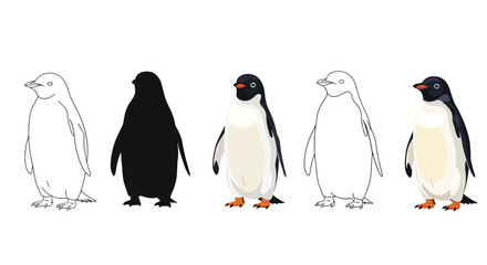 Naklejka premium Various styles of penguins, including outline, silhouette, and realistic illustrations, standing in a row