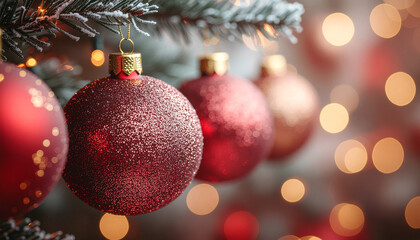 Macro close-up of red and gold Christmas ornaments hanging on tree branches, sparkling glitter textures, rich festive colors, creamy bokeh background, soft warm lighting