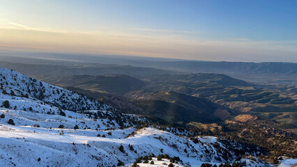 Mountain valley aerial view at the sunset