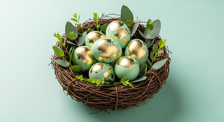 Bright Easter nest with gold speckled eggs and eucalyptus on mint background 86858349 1