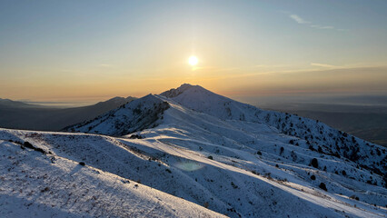 Mountain valley aerial view at the sunset