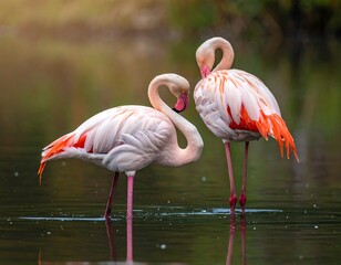 Two flamingos gracefully stand in shallow water, preening their feathers amidst soft, blurred background colors