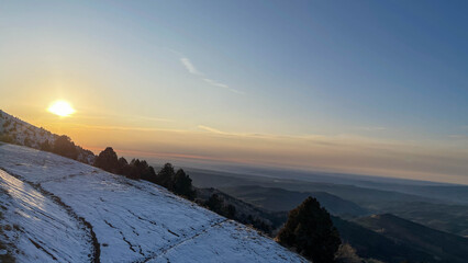 Mountain valley aerial view at the sunset