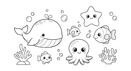 Cute Ocean Animals Vector Illustration with Whale Fish Octopus Starfish and Coral