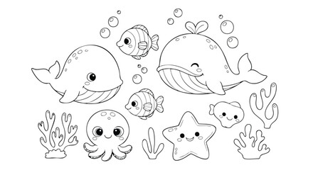 Cute Ocean Animals Vector Illustration with Whale Fish Octopus Starfish and Coral