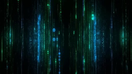 Digital binary code streams glowing blue and green light create futuristic matrix effect with flowing data lines and abstract technology data stream - Powered by Adobe