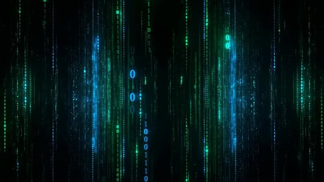 Digital binary code streams glowing blue and green light create futuristic matrix effect with flowing data lines and abstract technology data stream