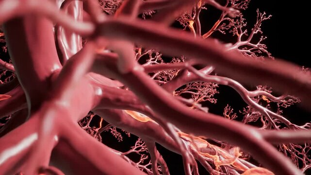 Close up of Red Blood Vessels and Capillaries Branching Out in a Network