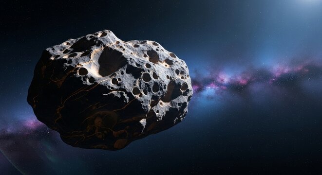 Massive cratered asteroid in deep space with nebula background - Powered by Adobe