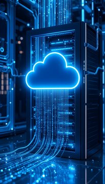 Futuristic 3D data flow from server storage to glowing blue cloud icon, neon particle streams, volumetric lighting, ultra-clean corporate technology concept, symmetrical digital infrastructure render