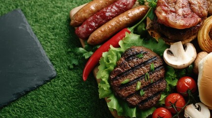 Juicy steaks, sausages, and colorful vegetables cook on a barbecue grill, creating an inviting atmosphere for outdoor dining