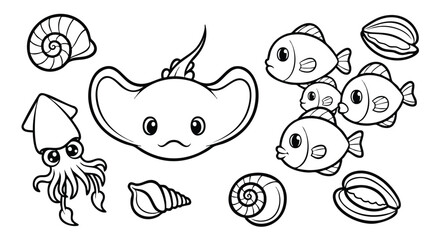 Cute Ocean Animals Vector Set with Stingray Squid Fish and Seashell