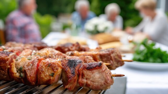 People enjoy a delightful outdoor gathering with grilled meats and fresh vegetables cooking on the barbecue while sharing laughter and food