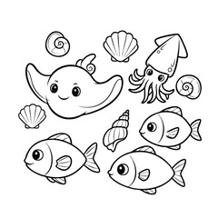 Cute Ocean Creatures Vector Set with Stingray Squid Fish and Seashell