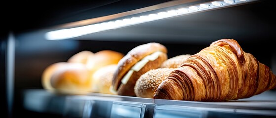 Delicious pastries sit on display in a cozy bakery, tempting visitors with golden croissants and cream-filled delights