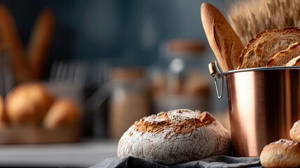 A variety of freshly baked bread is neatly arranged on a cloth. Brown eggs and more bread can be seen in the setting