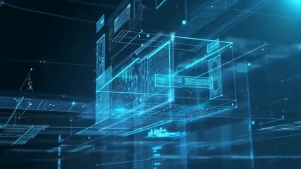Futuristic holographic digital interface glowing with blue technology and abstract data visualization in dark background for advanced visualization - Powered by Adobe