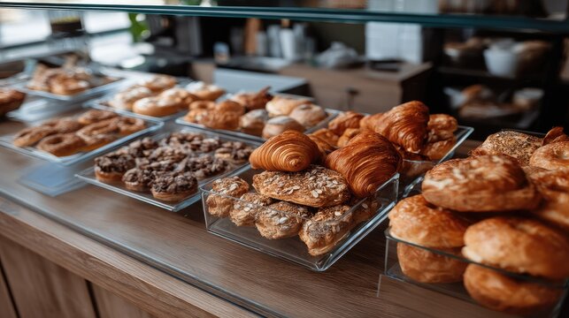 Delicious pastries sit on display in a cozy bakery, tempting visitors with golden croissants and cream-filled delights