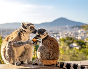 Obraz premium Two lemurs sharing a piece of fruit on a sunny day with a city and mountain backdrop