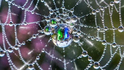 Close up of a spider web covered with water droplets reflecting colorful light against blurred background - Powered by Adobe