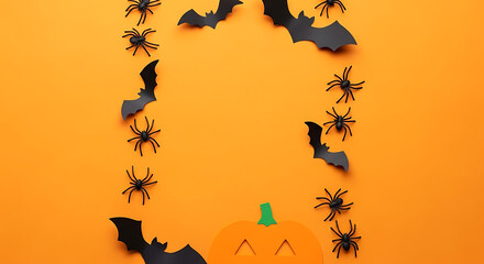 Bright vertical orange background featuring Halloween-themed black bat and spider paper decorations 53009548 1