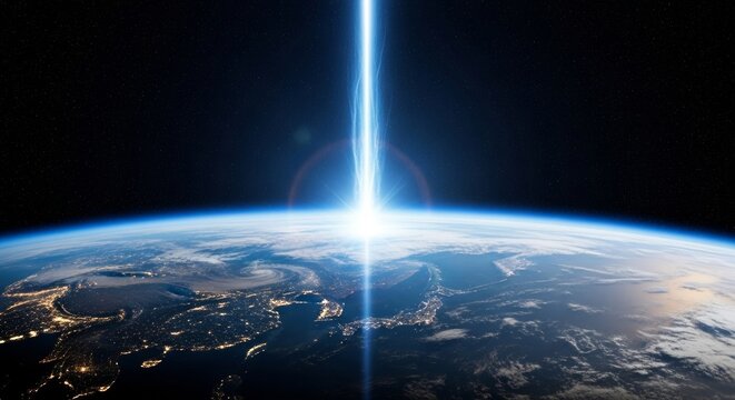Powerful blue light beam shoots from earth into space at night