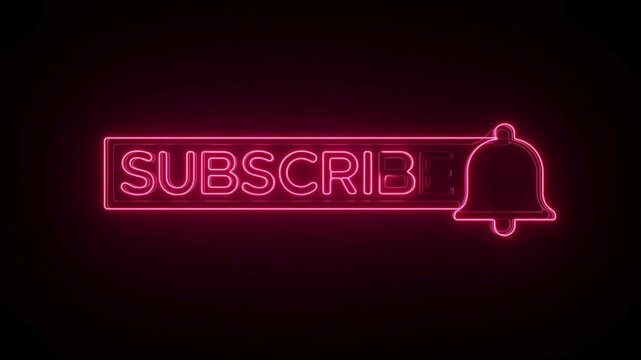 Neon Red Subscribe Button with Ringing Bell Icon Animation on Black Background for Social Media