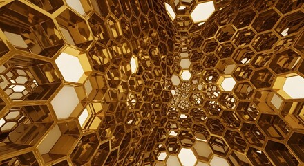 Golden honeycomb hexagon abstract background pattern texture structure design rendering wallpaper backdrop