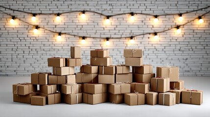 Cardboard boxes are neatly arranged on a wooden surface, with soft glowing lights creating a warm and inviting atmosphere