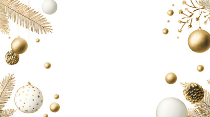 Minimal white-and-gold Christmas design with simple ornaments forming a soft subtle frame around empty area 