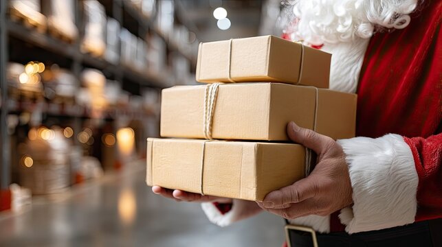 A cheerful character in holiday attire smiles while holding gift boxes in a busy storage area filled with packages