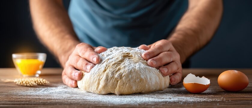 A person focuses on kneading dough with a whisk, surrounded by baking tools and flour on a wooden surface in a warm kitchen