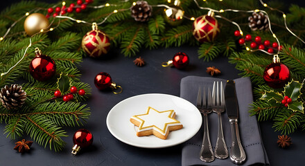 Festive vertical Christmas and New Year table scene featuring pine branches red ornaments a star coo 74268617 1