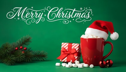 Festive Holiday Celebration with Hot Beverage Gift Pine Sprig and Santa Hat on Green Background